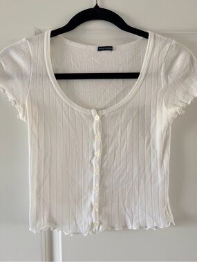 Brandy Melville White Short-Sleeve Button-Front Ribbed Top